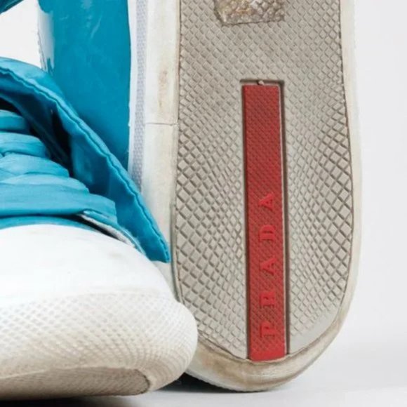 Prada Blue Patent Leather Ribbon Lace-Up Sneakers - Picture 5 of 10